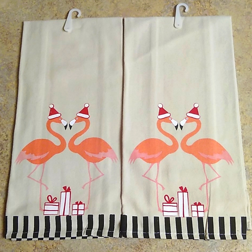 Flamingos In Santa Hats Dish Towels ~ Set of 2